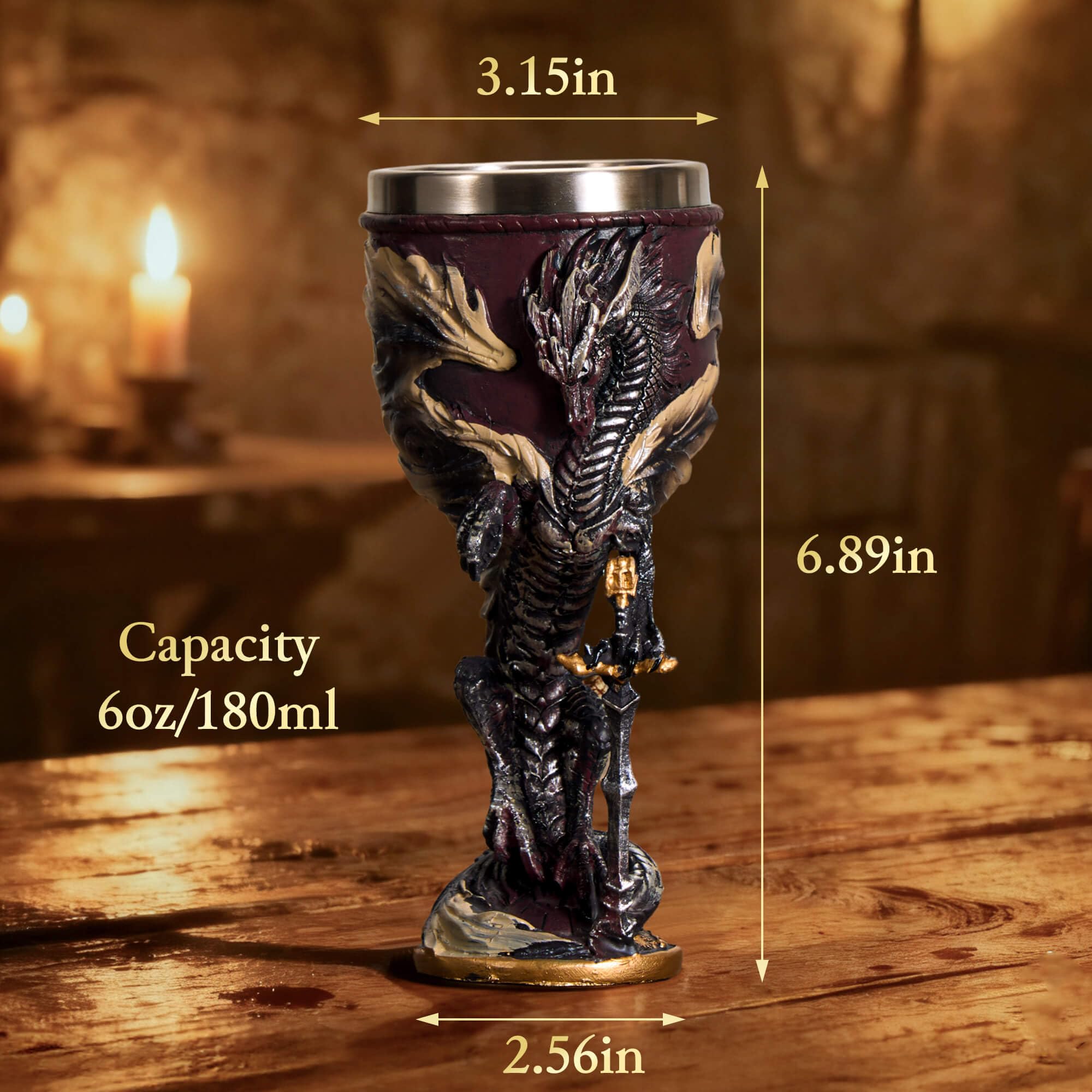 UCOMINS Flame Dragon goblet close-up reveals resin texture and scale details.