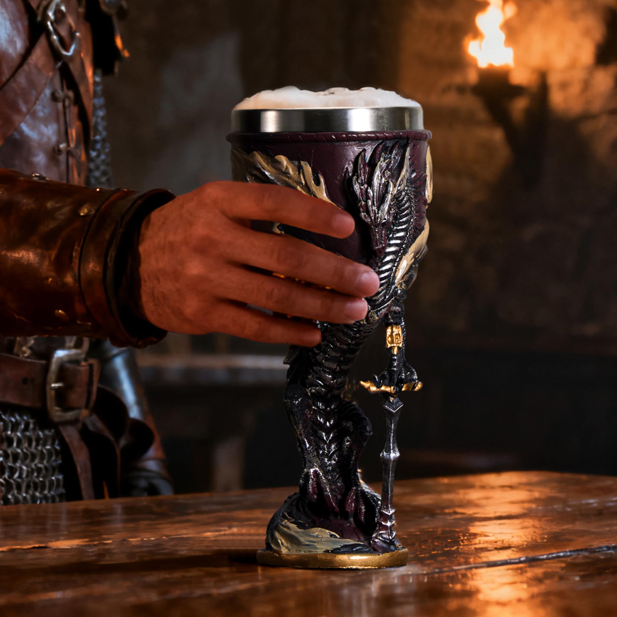 UCOMINS Flame Dragon goblet side angle shows sturdy 6 oz capacity for measured pours.