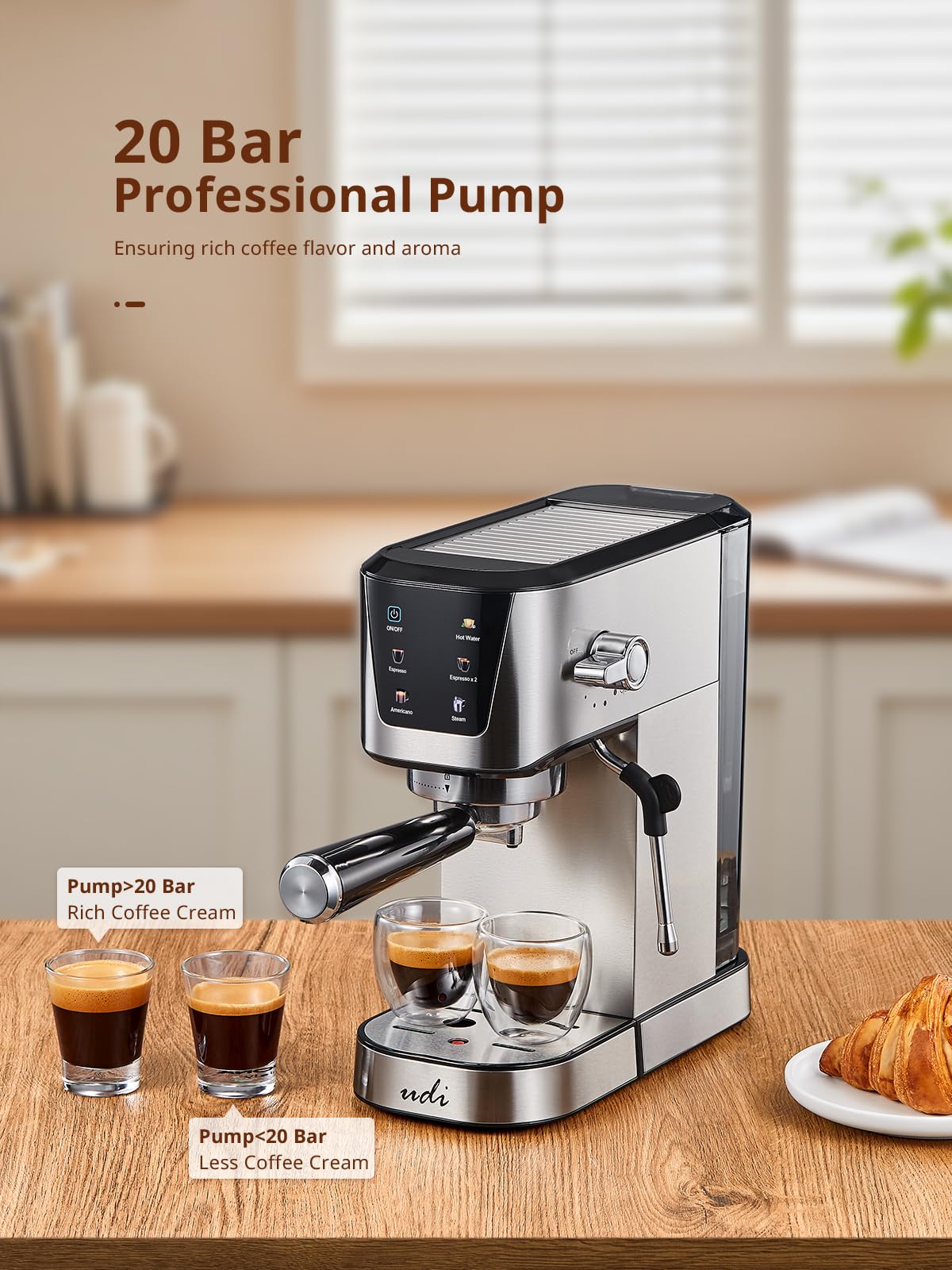UDI espresso machine showing built-in americano program and milk frother