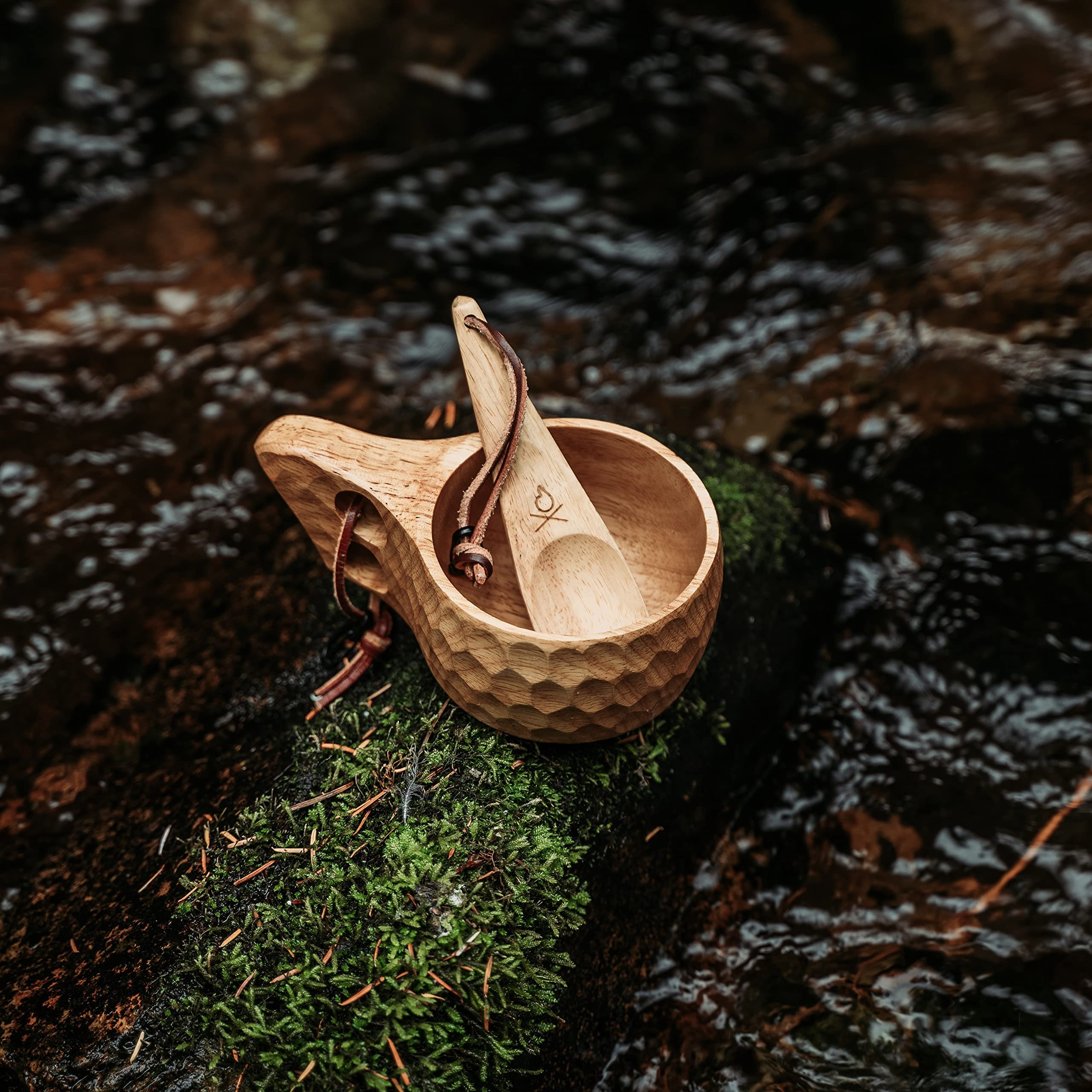 ueberleben Kuksa cup with leather lanyard and carabiner for easy trail carry