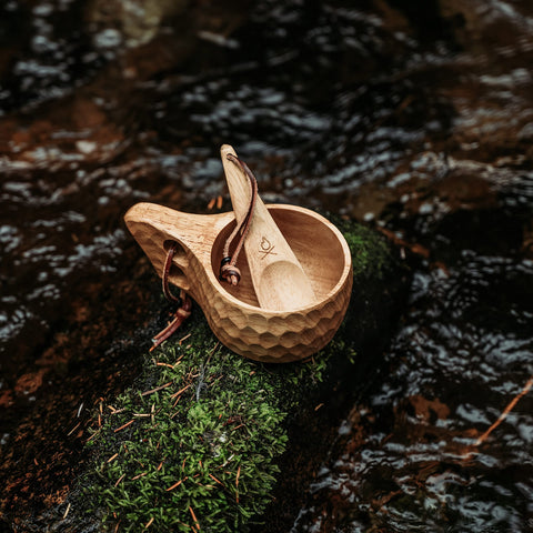 ueberleben Kuksa cup with leather lanyard and carabiner for easy trail carry