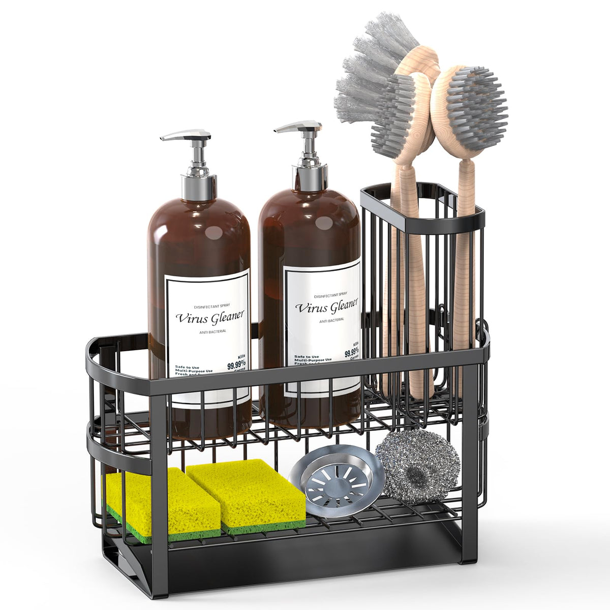 UEFFNR two-tier sink caddy keeps bottles and sponges neatly organized.