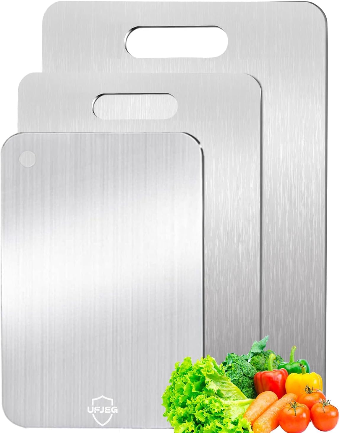 UFJEG titanium cutting board on kitchen counter showing plastic-free, safe food prep.