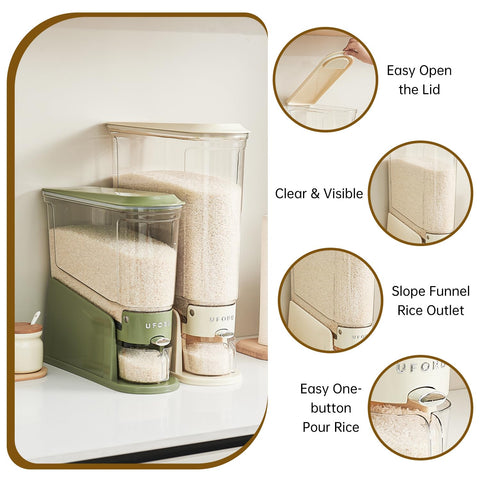 UFORU rice dispenser 11lb airtight seal keeps grains fresh for longer pantry storage