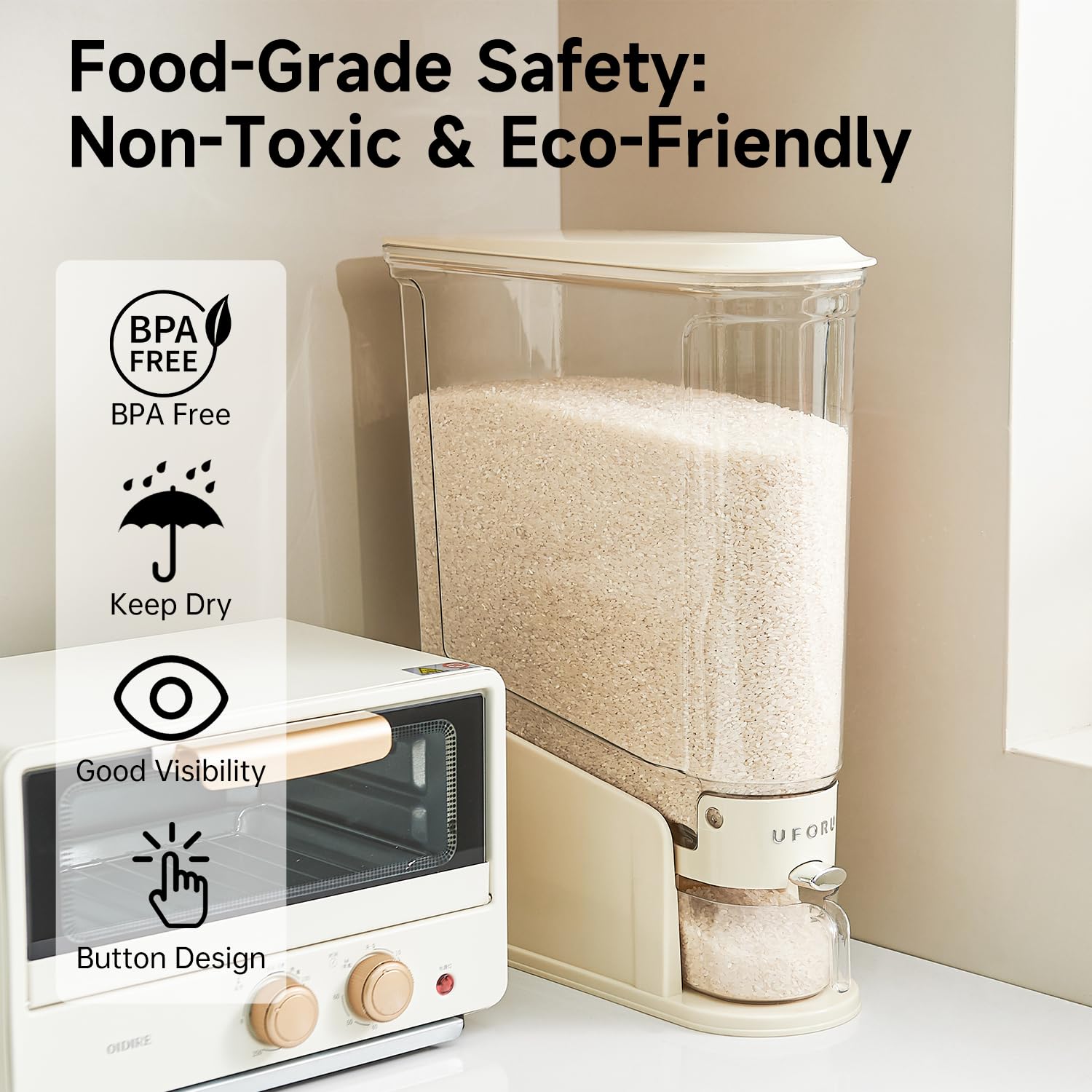 UFORU rice dispenser 11lb dispense button close-up highlights effortless pouring