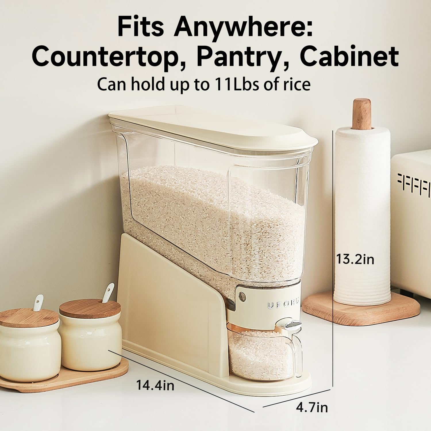 UFORU rice dispenser 11lb freshness compartment demonstrates moisture and pest protection