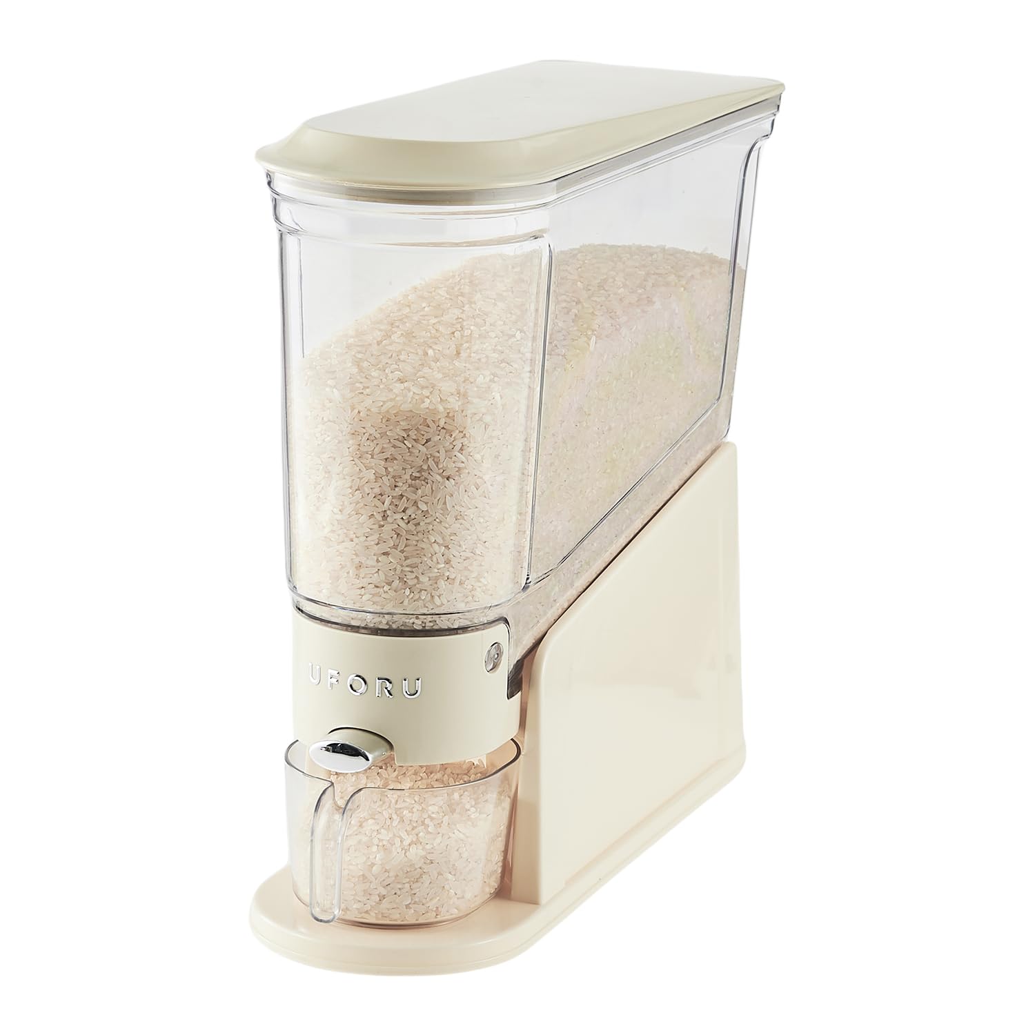UFORU rice dispenser 11lb front view for space-saving kitchen storage