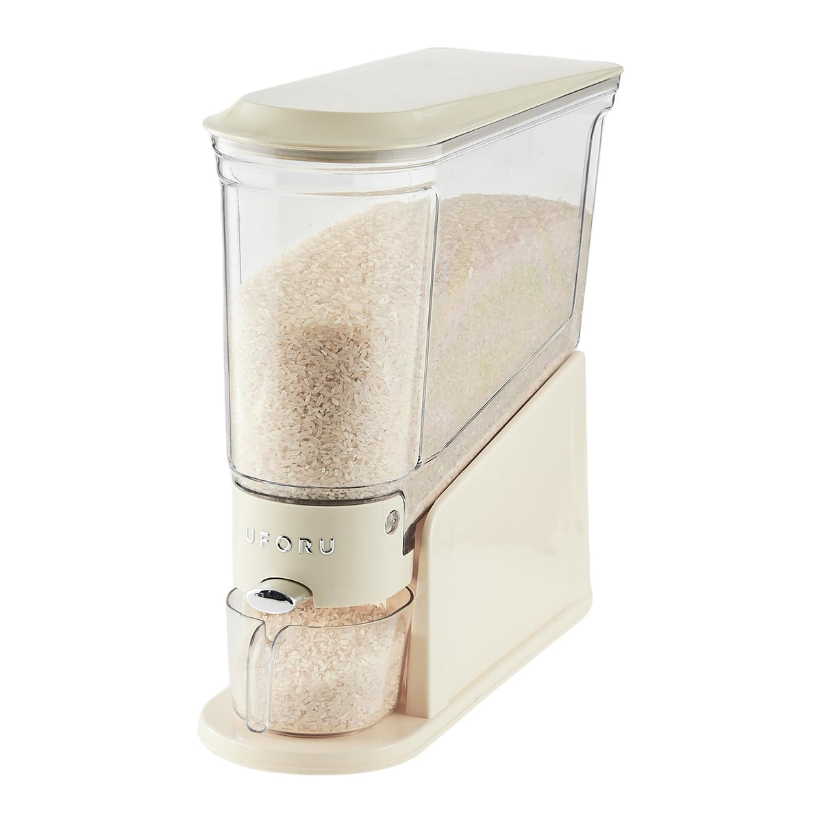 UFORU rice dispenser 11lb front view for space-saving kitchen storage
