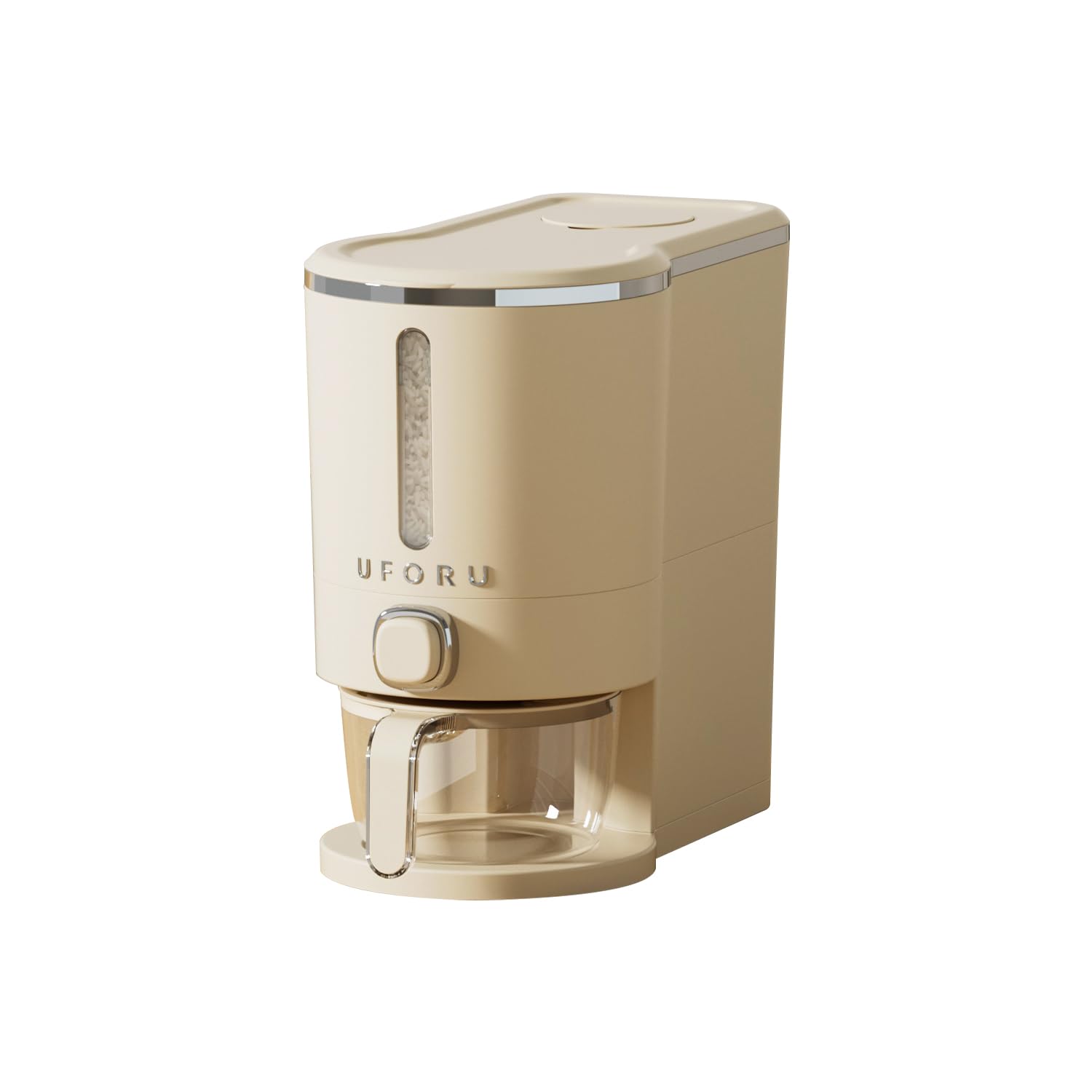 UFORU rice dispenser with compact design keeps pantry neat and grains accessible.