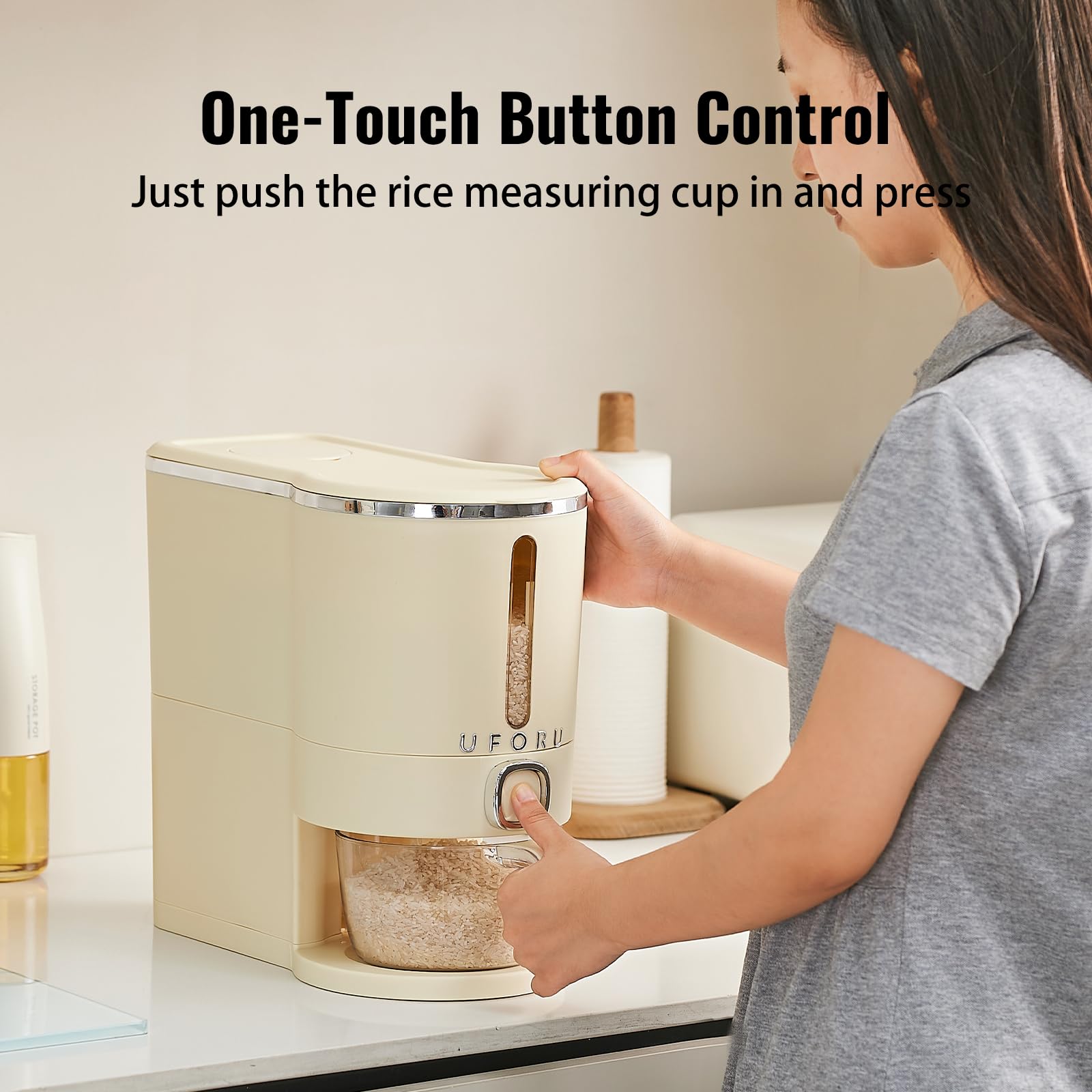 UFORU rice dispenser 11-lb capacity keeps bulk grains organized.