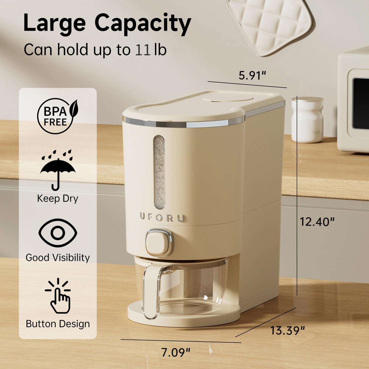 UFORU rice dispenser sealed-lid-airtight keeps rice dry and fresher for longer.