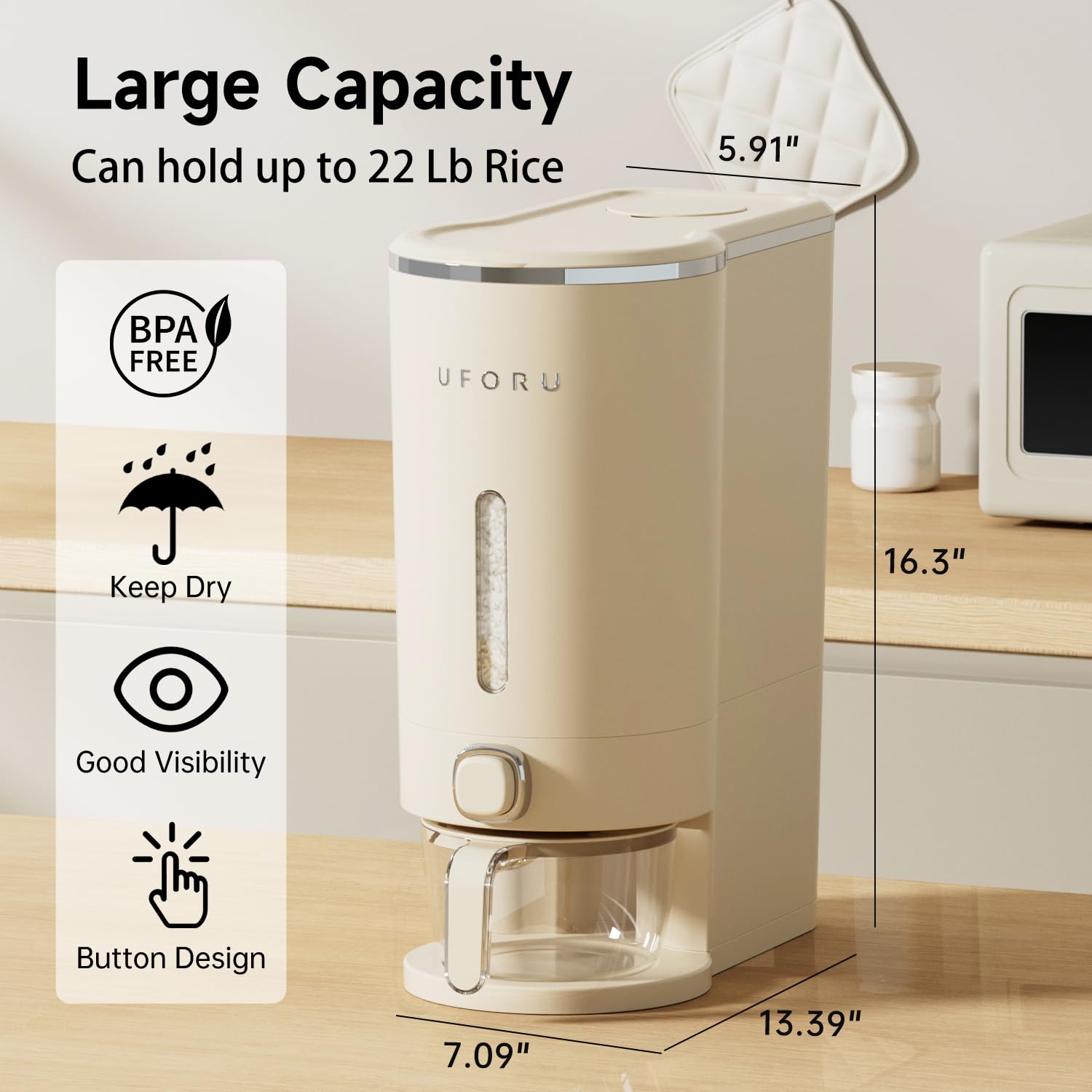 UFORU rice storage container with airtight seal to block moisture