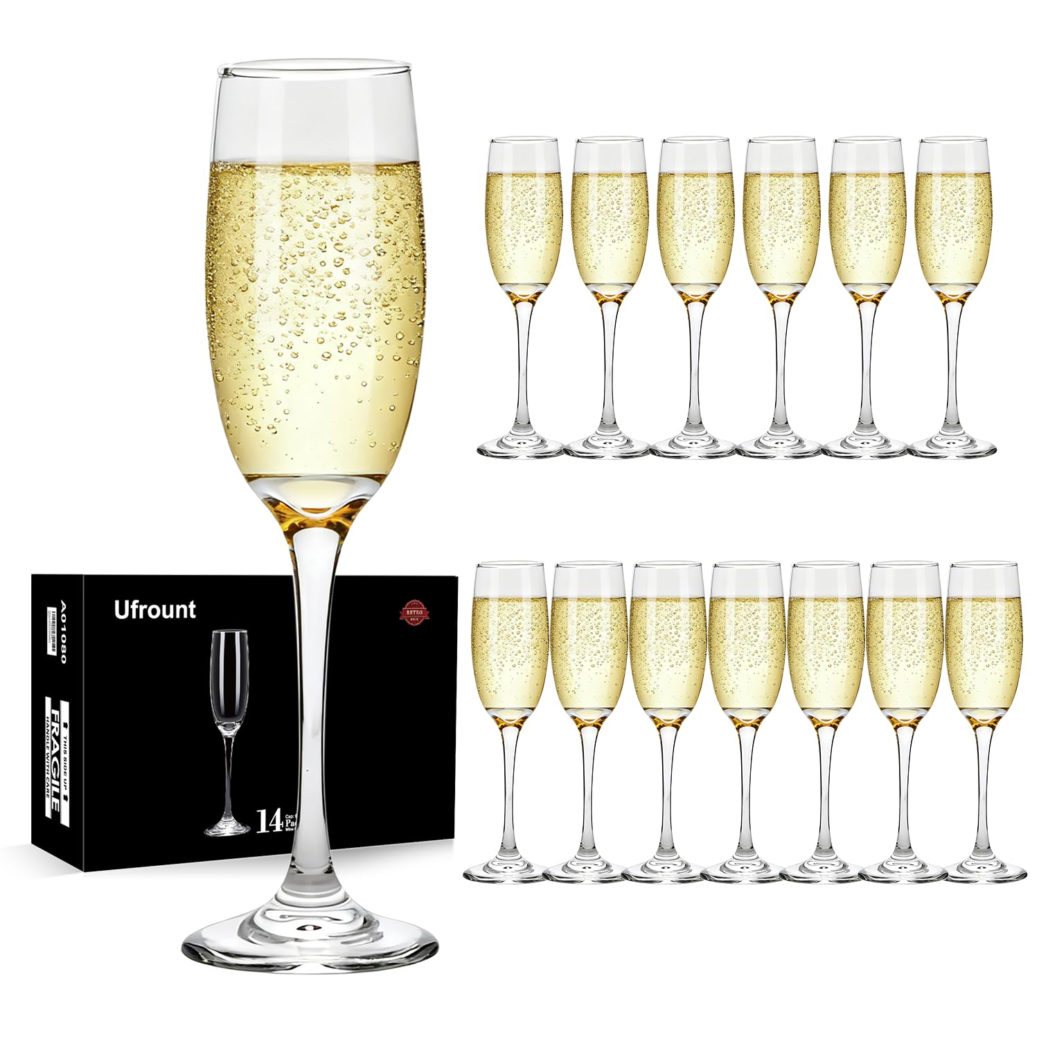 Ufrount 6oz champagne flute set of 14 for elegant toasts and celebrations.