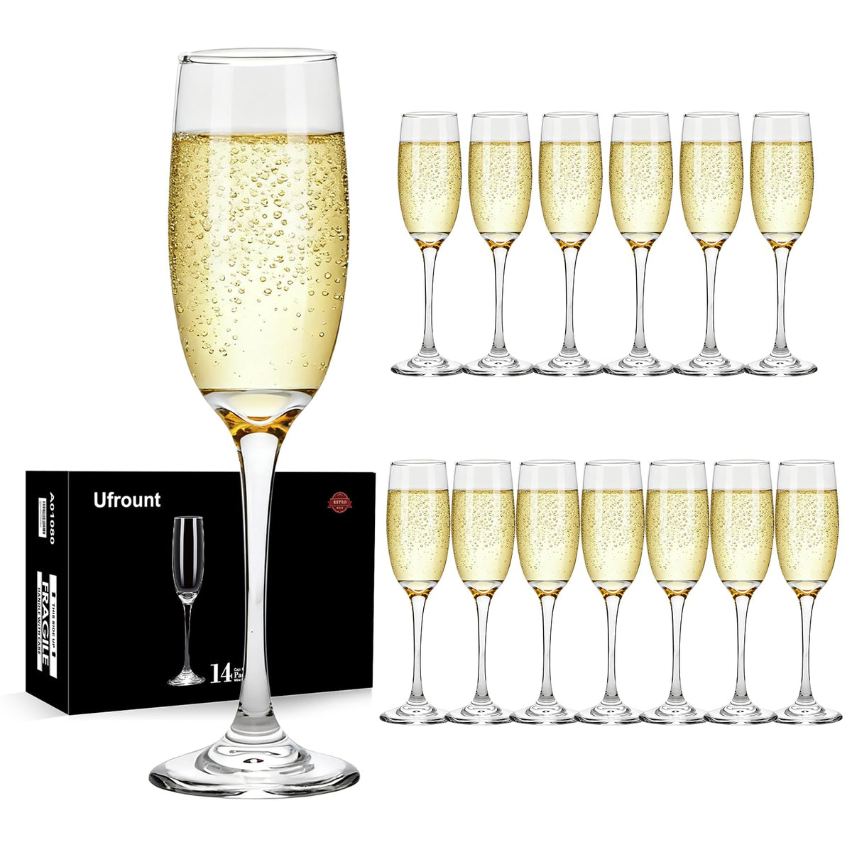 Ufrount 6oz champagne flute set of 14 for elegant toasts and celebrations.