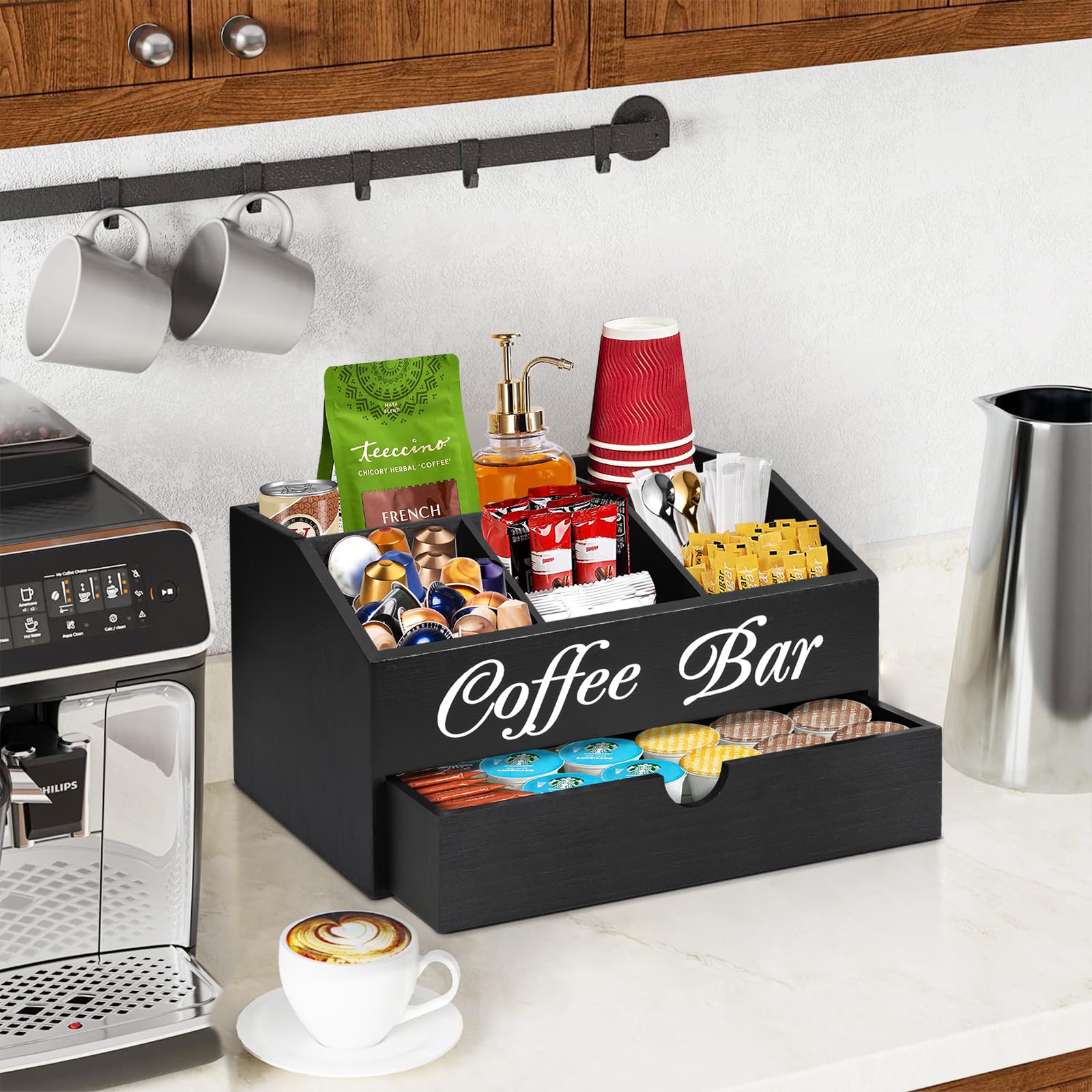 ugiftt Coffee Bar Organizer front compartments for sugar, tea bags, and condiments.