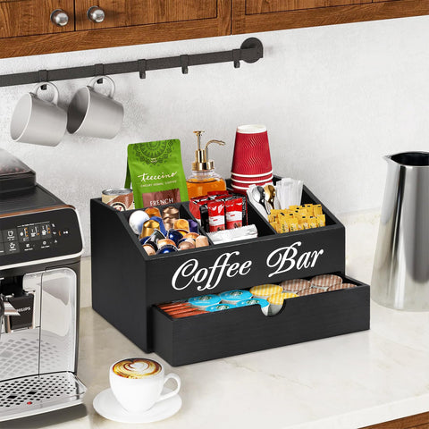 ugiftt Coffee Bar Organizer front compartments for sugar, tea bags, and condiments.