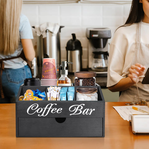 ugiftt Coffee Bar Organizer rear compartments store cups, straws, and utensils.