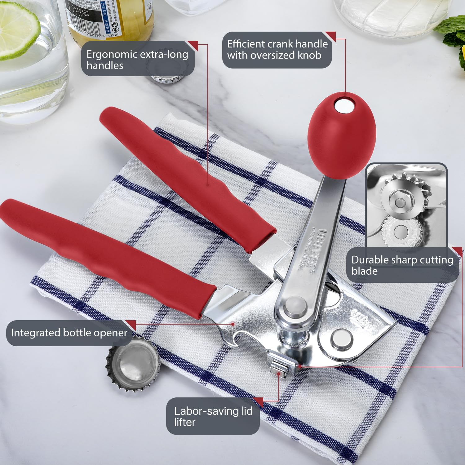 Hardened cutting wheel on the UHIYEE opener delivers precise cuts with less effort.