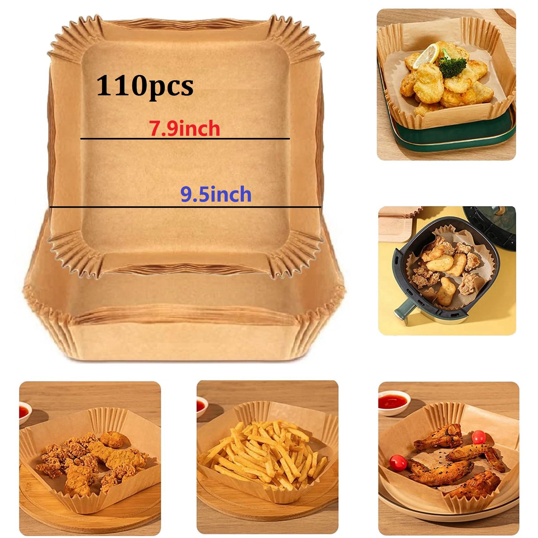 UHOUSE 9.5-inch square air fryer liner ready for mess-free cooking.