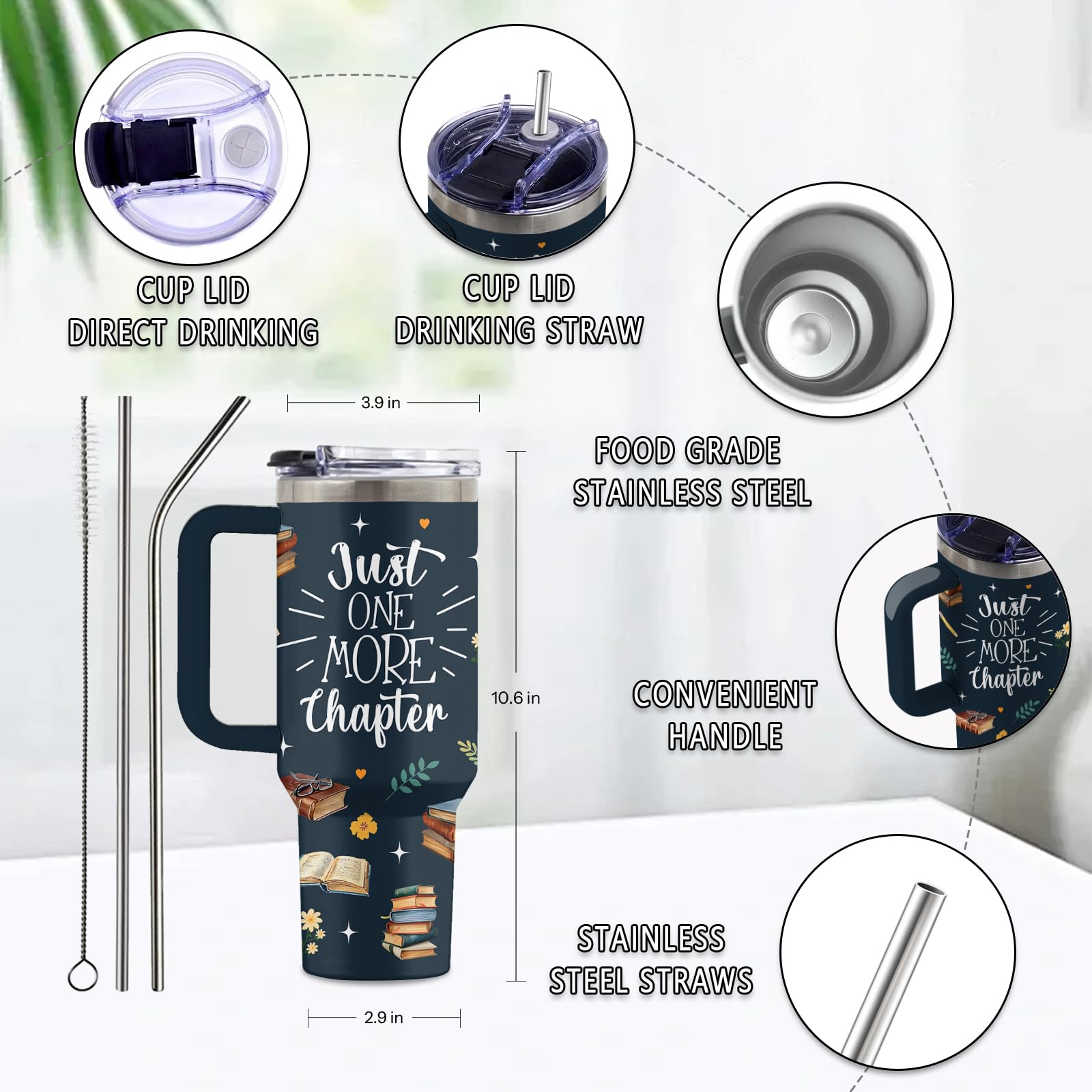 Uibunoo 40oz tumbler with handle for a comfortable grip during reading.