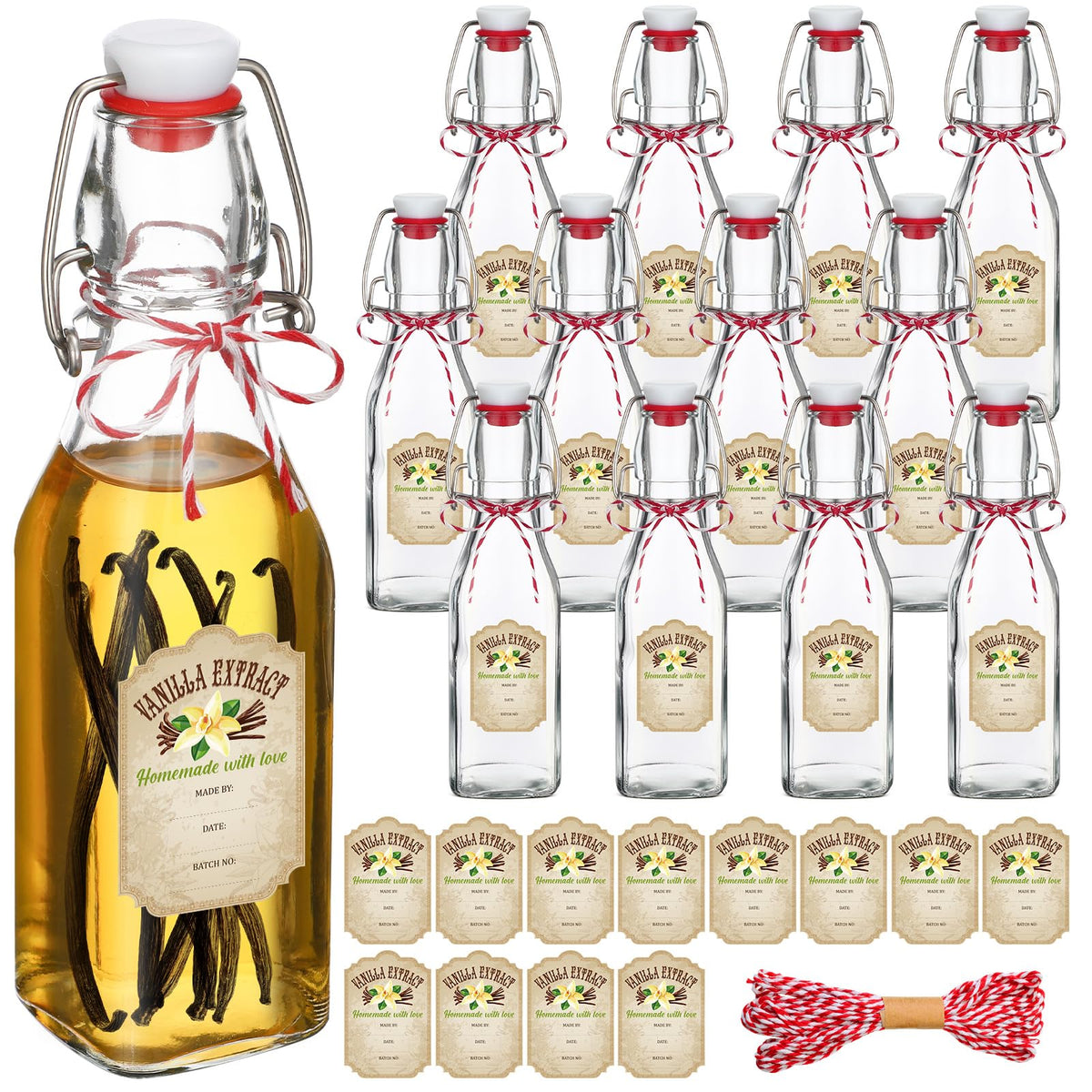Uiifan 12-pcs swing-top square bottles with clear glass for fresh storage and labeling