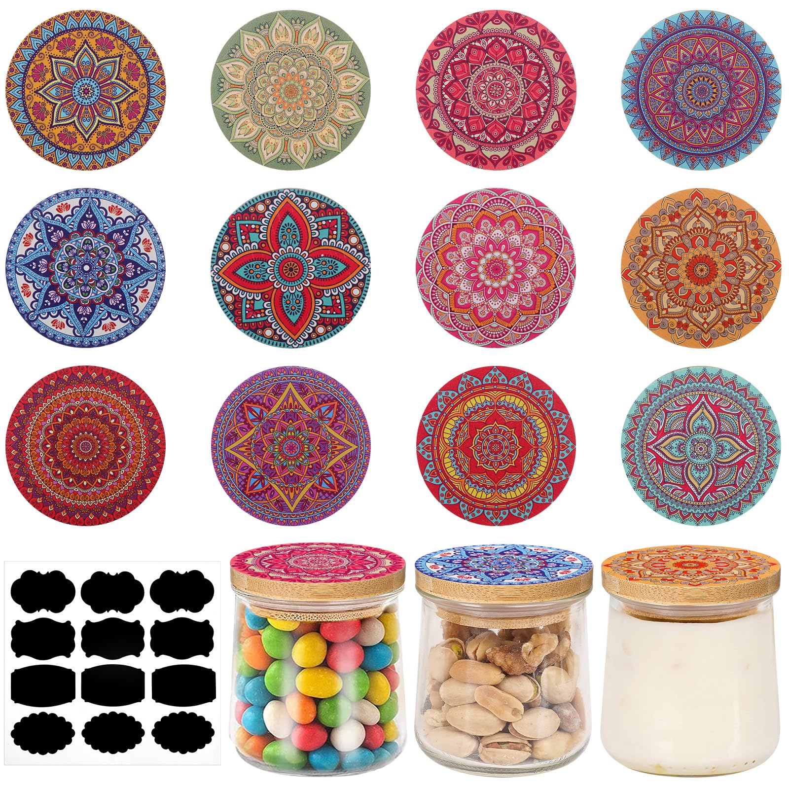 Uiifan yogurt jar lids with mandala patterns for stylish storage and extended freshness.