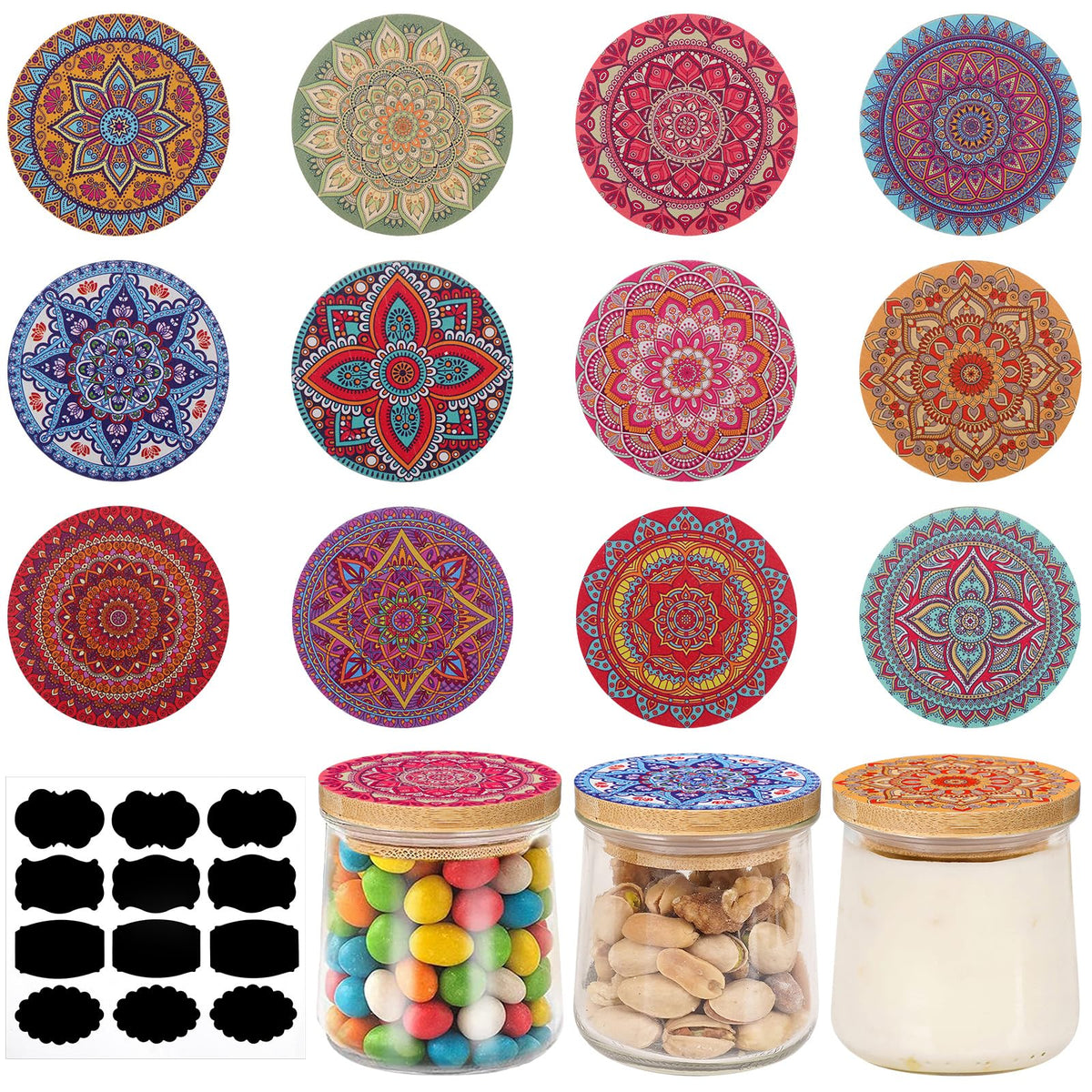 Uiifan yogurt jar lids with mandala patterns for stylish storage and extended freshness.
