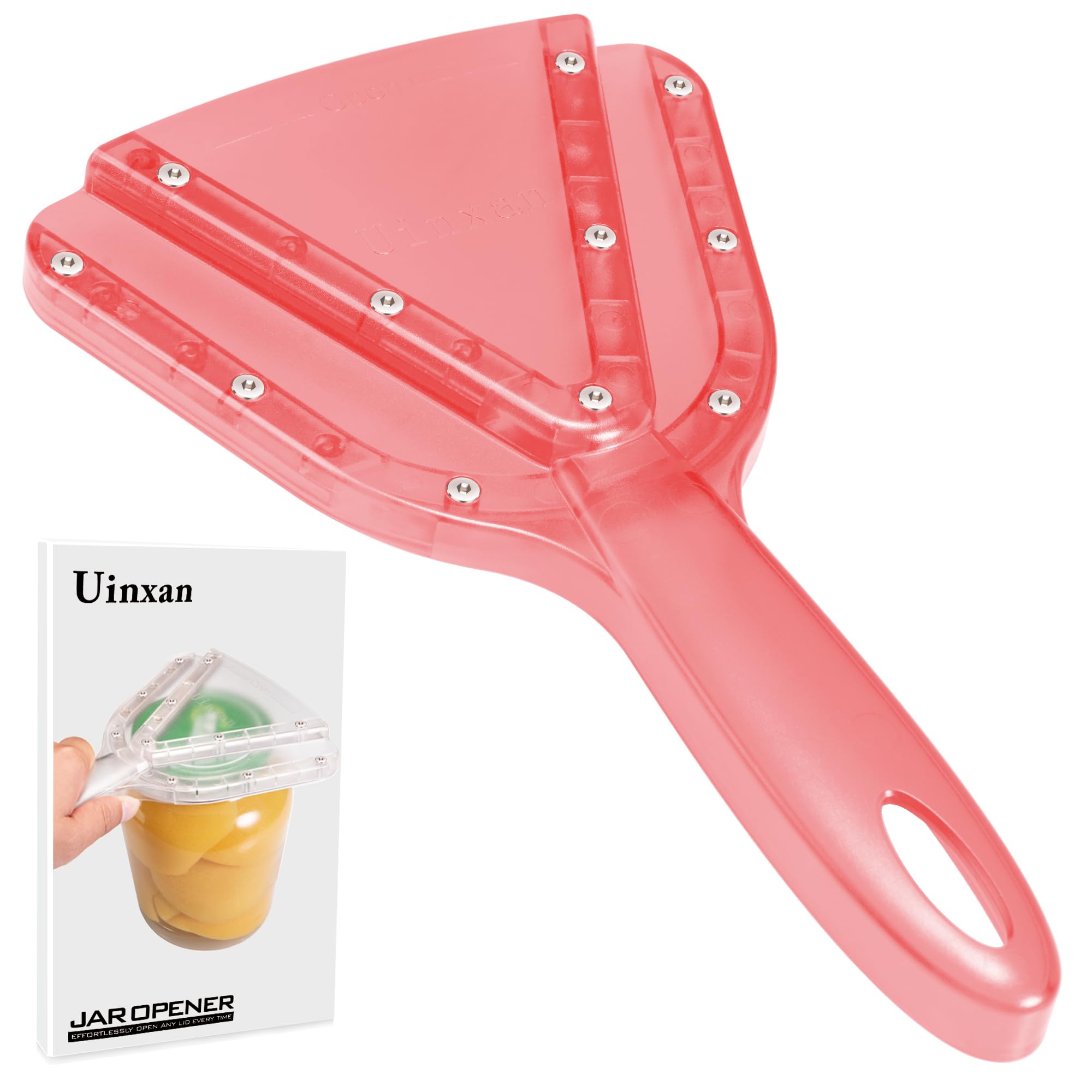 Uinxan jar opener with pink handle for arthritis-friendly grip and easy lid removal.