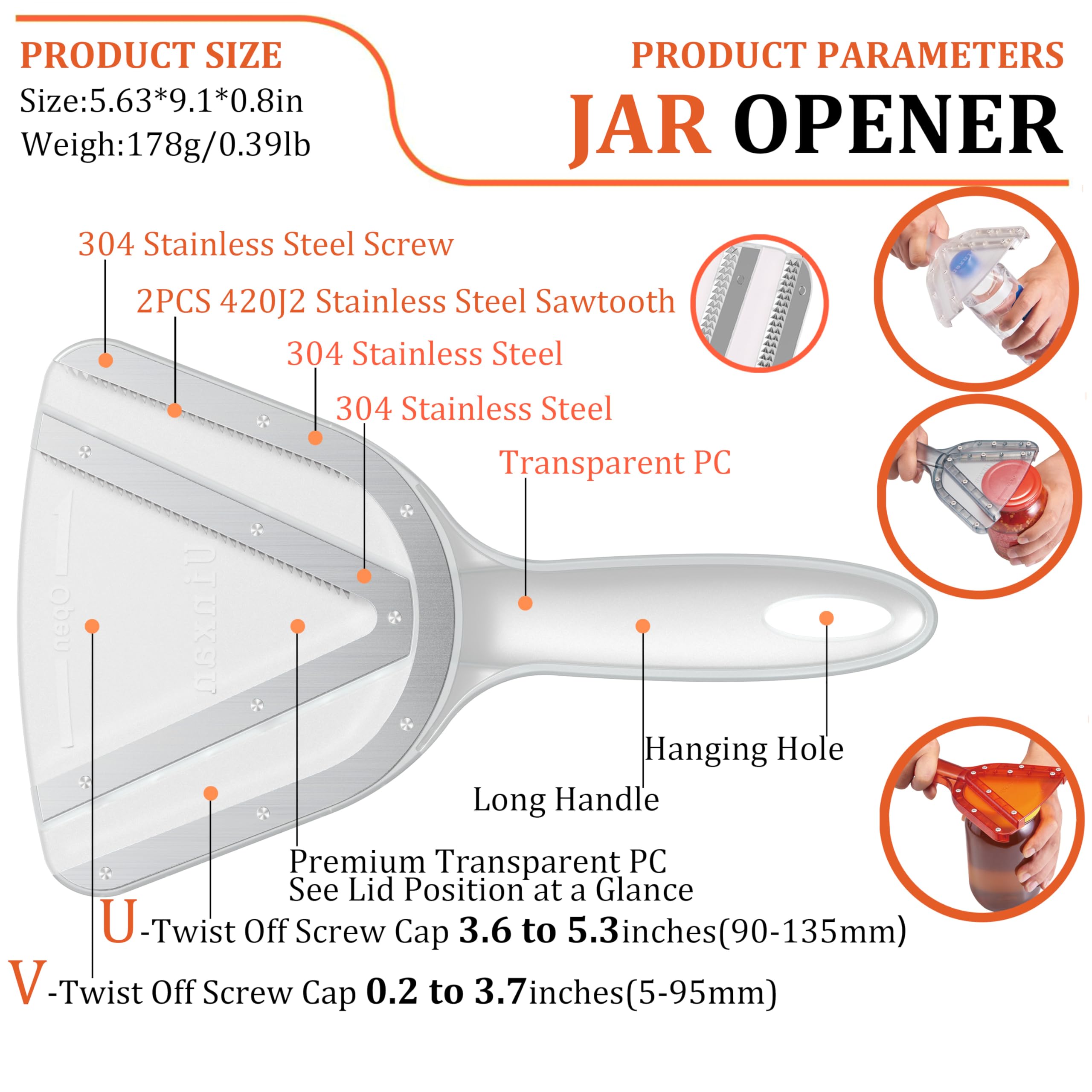 Uinxan opener features stainless steel teeth for firm lid grip.