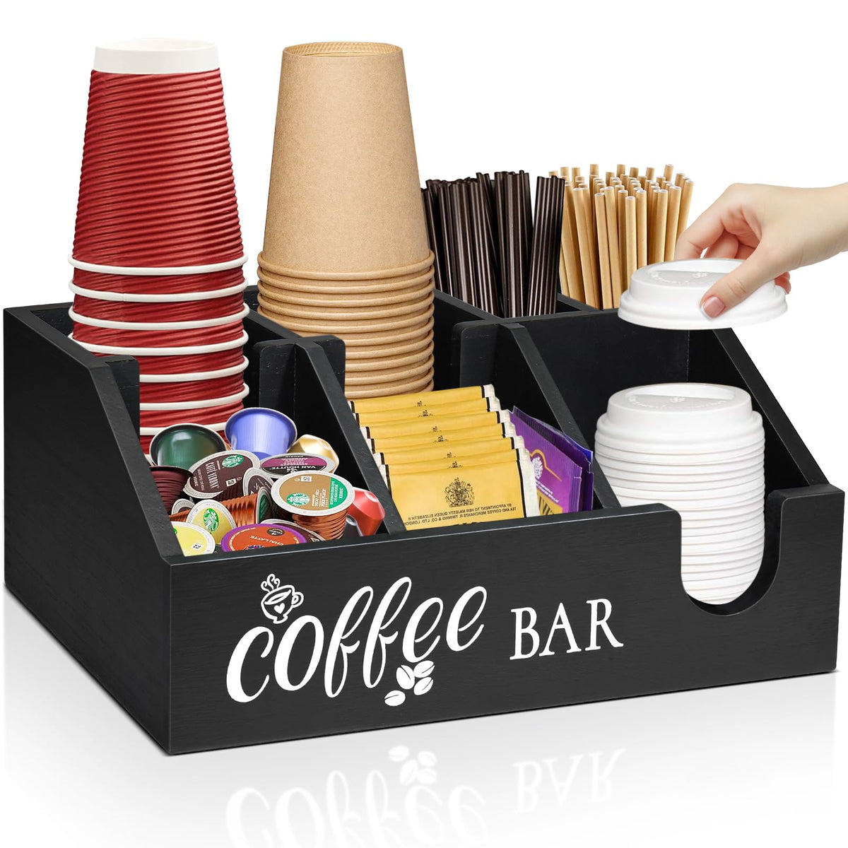 Uipame rustic coffee bar organizer with six compartments for K-Cups and accessories.