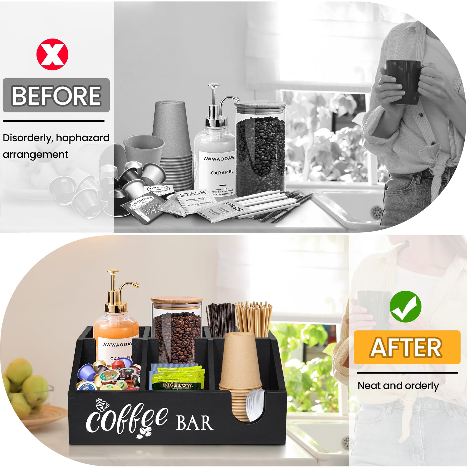 Decorative display of the Uipame coffee bar organizer on a countertop.