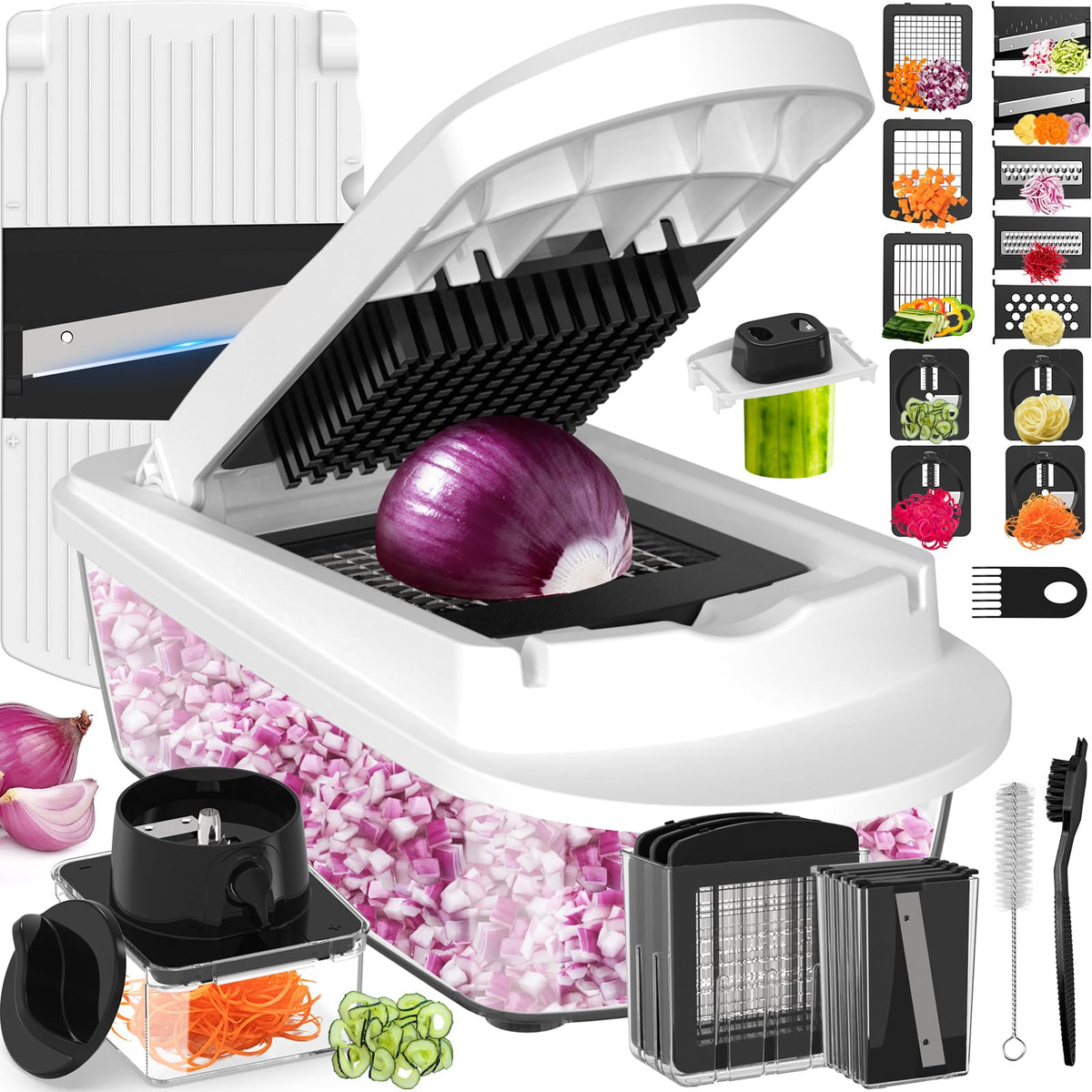 ukeetap 12-blade all-in-one vegetable chopper in action for quick prep and uniform dice.