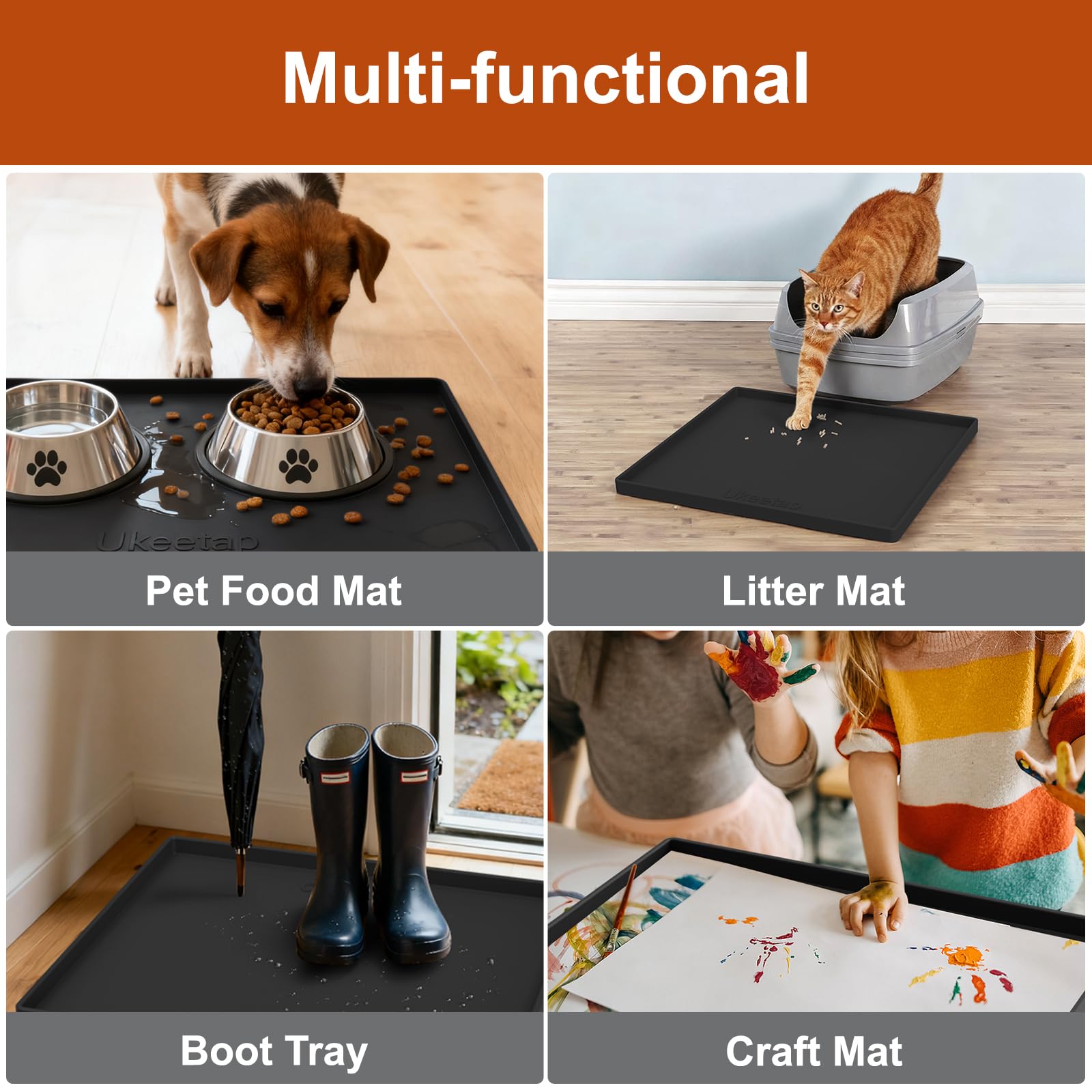 Ukeetap black color mat complements kitchen and bathroom decor.