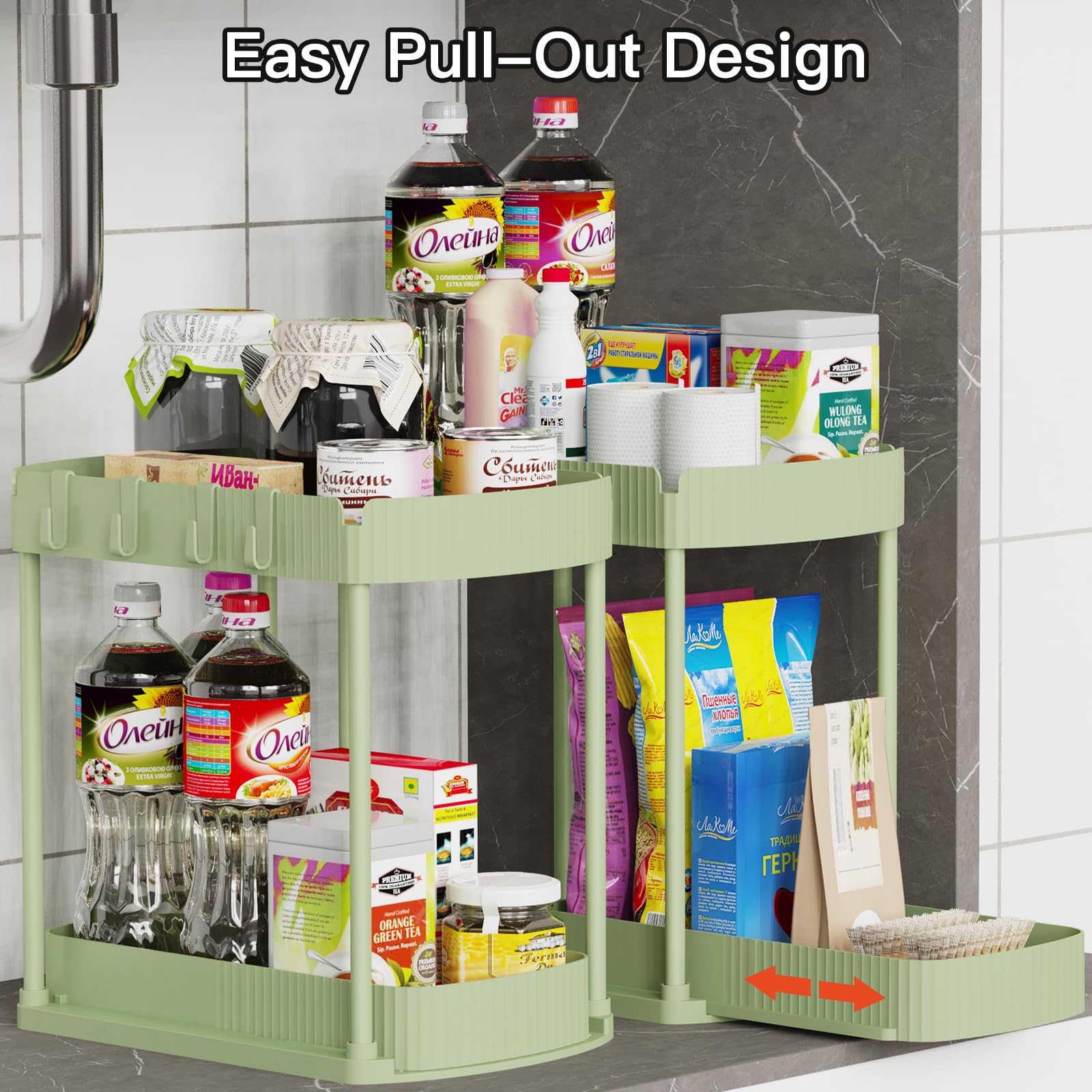 Ukeetap green kitchen-bathroom setup for tidy, organized spaces