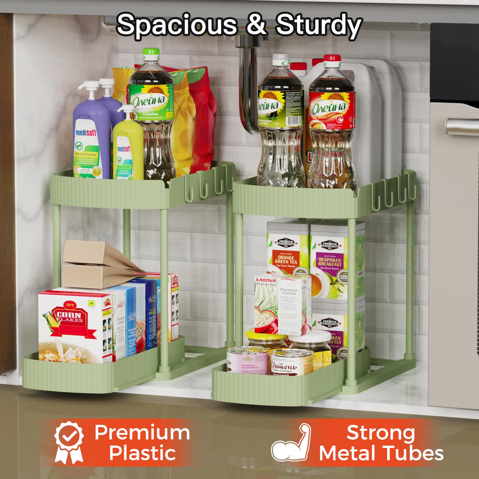 Ukeetap green under-sink organizer inside cabinet for compact storage