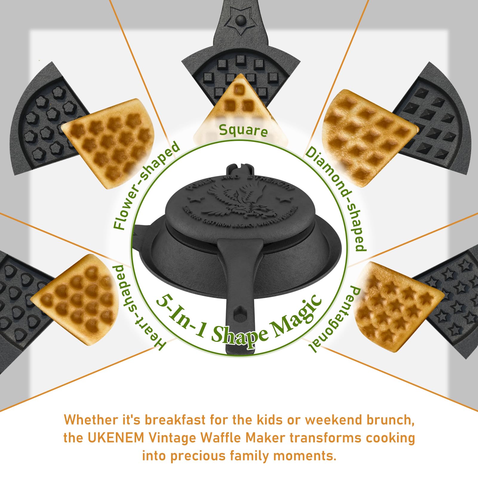 UKENEM cast iron waffle maker with drip-catching base for easier cleanup