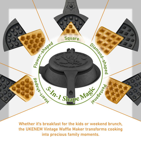 UKENEM cast iron waffle maker with drip-catching base for easier cleanup