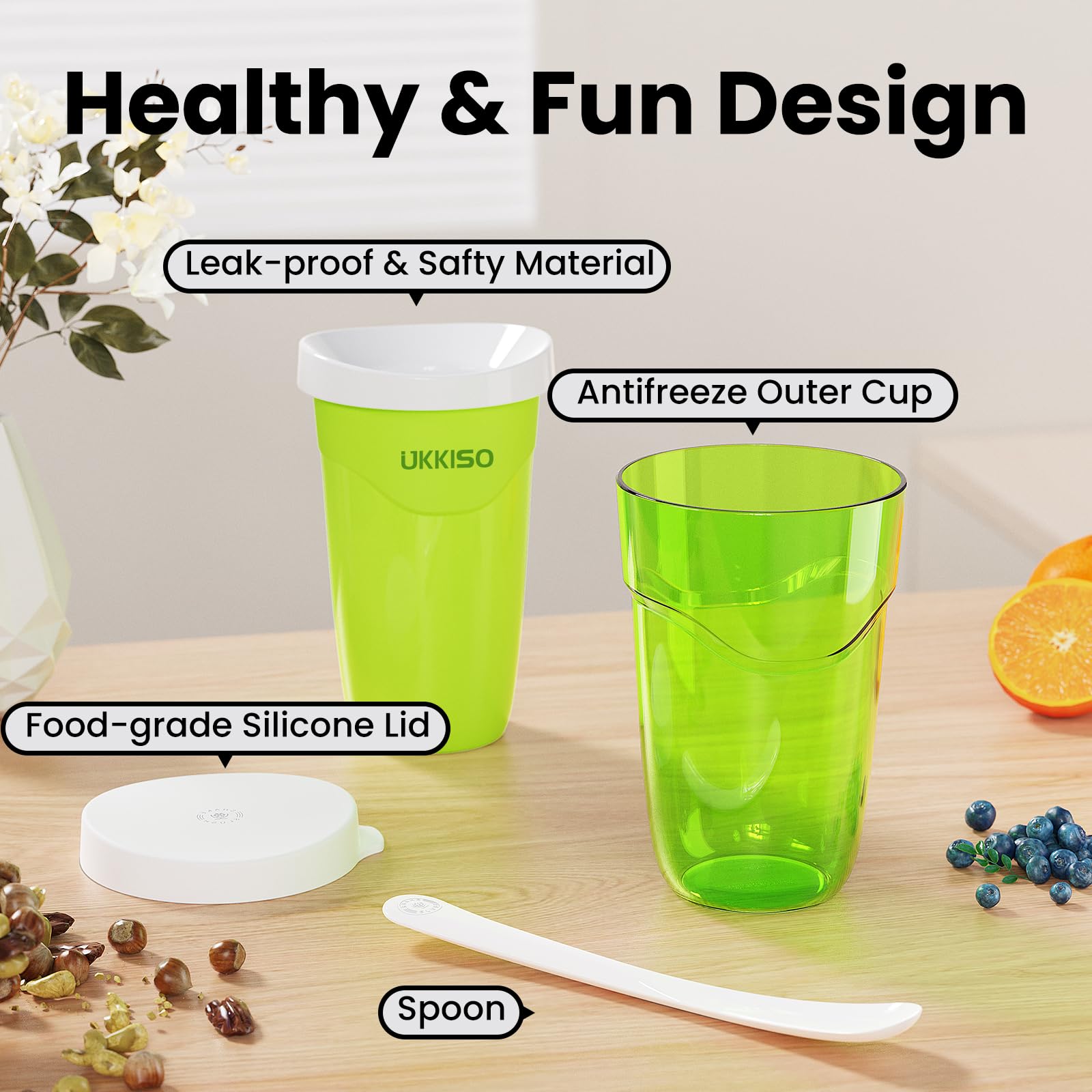 UKKISO Slushie Cup green freezer core delivers smooth textures.