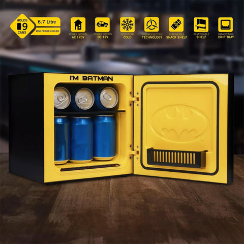 Ukonic Batman logo cooler interior view highlights adjustable shelf.