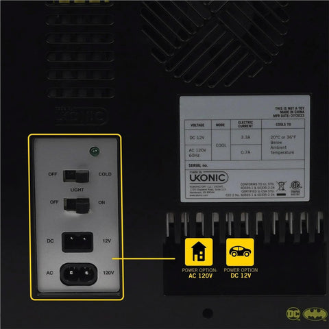 Ukonic Batman logo cooler door shelf keeps snacks organized.