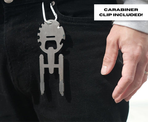 Ukonic Star Trek Enterprise can opener assisting meal prep during camping adventures