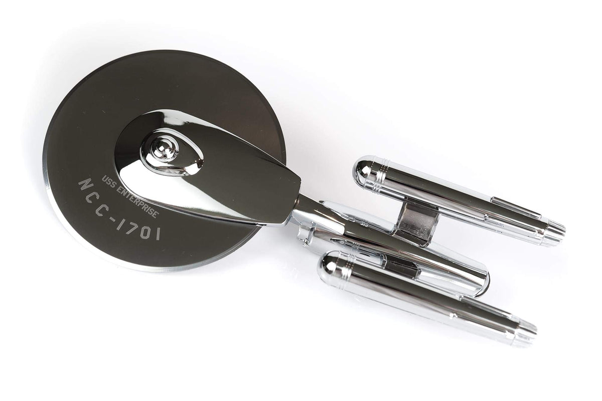 Ukonic Star Trek Enterprise pizza cutter top view showcases iconic silhouette for precise slicing