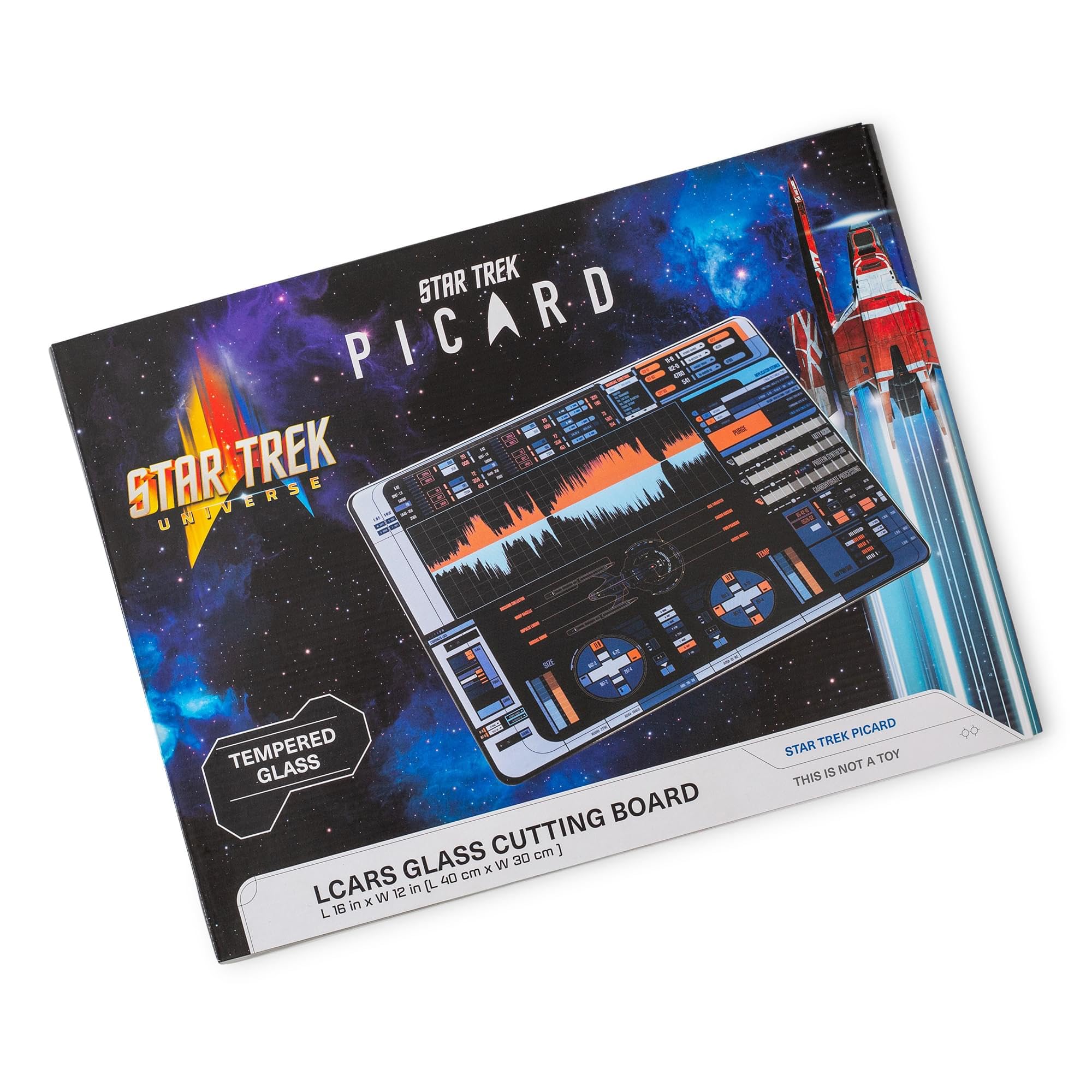 Ukonic Star Trek Picard LCARS design glass cutting board with futuristic vibe for entertaining.