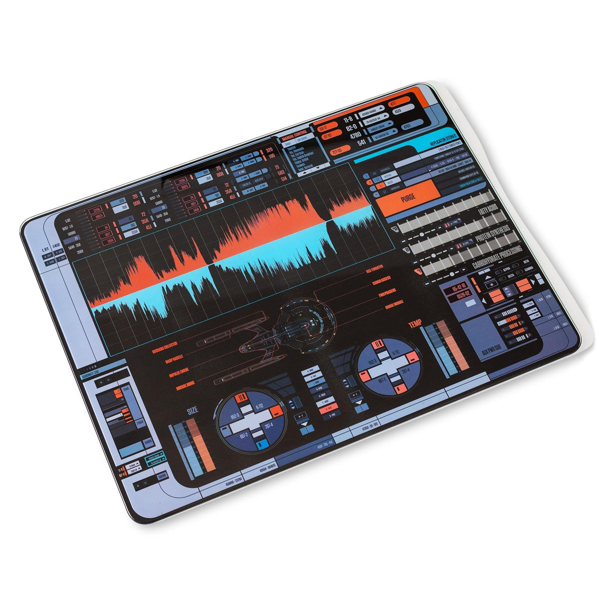 Ukonic Star Trek Picard LCARS glass cutting board top view for precise slicing and display.