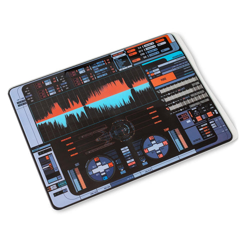 Ukonic Star Trek Picard LCARS glass cutting board top view for precise slicing and display.