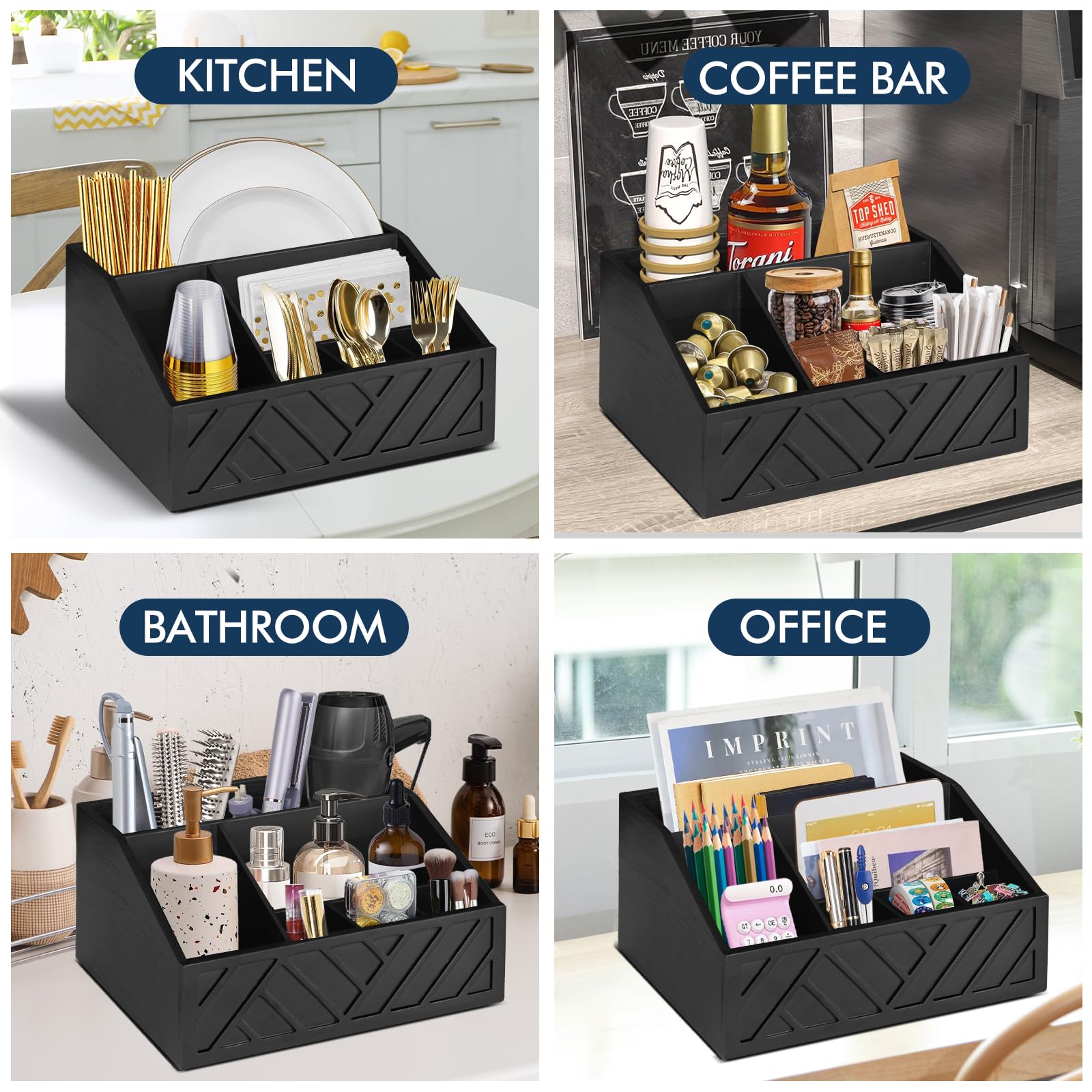 Ukonvi rustic wood counter caddy enhances kitchen organization and style.
