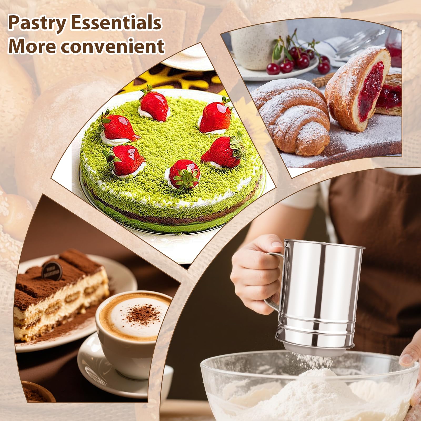 Ullnosoo dessert and pastry prep kit helps evenly dust cocoa and flour.