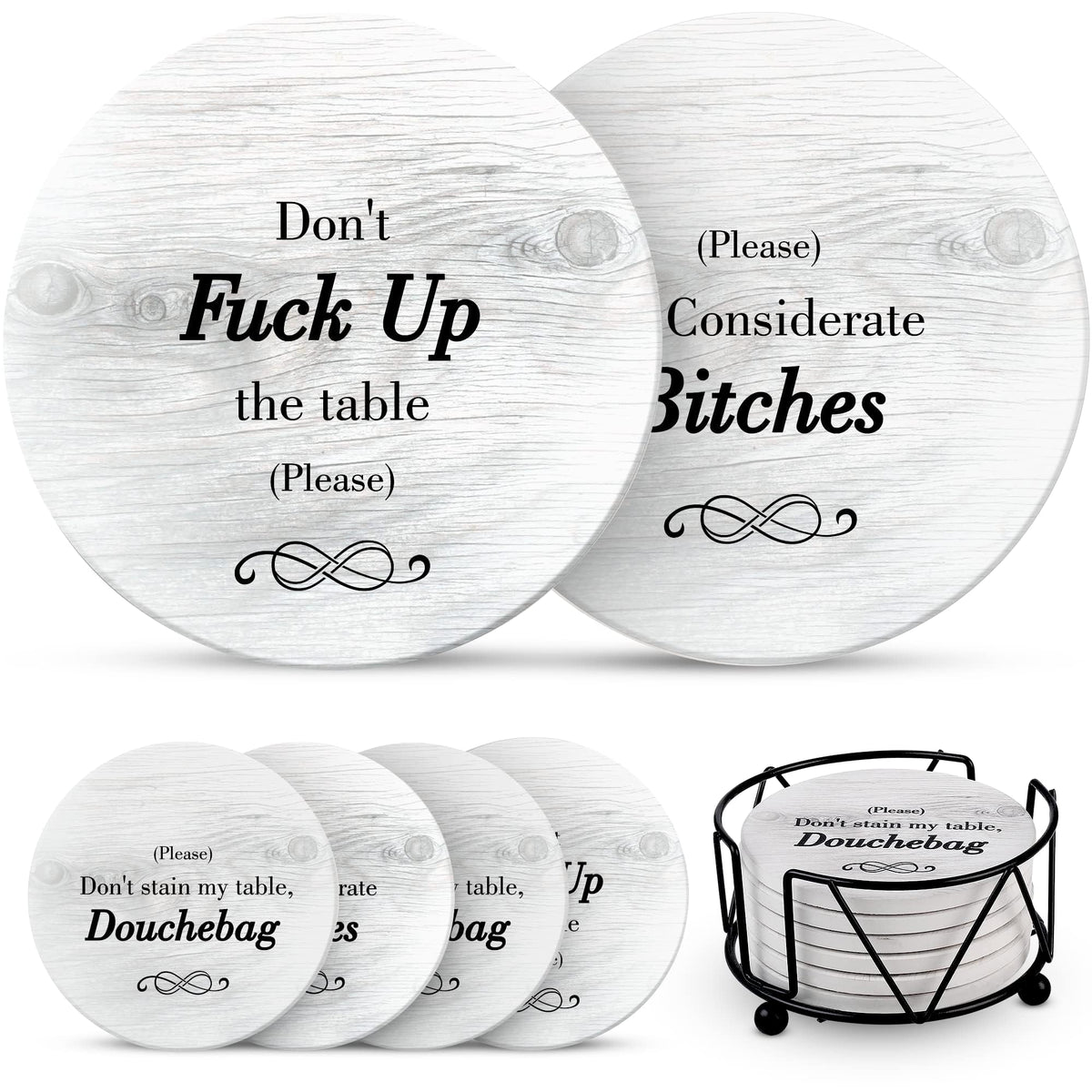 Ultimate Hostess funny coasters with holder protect surfaces and spark laughs