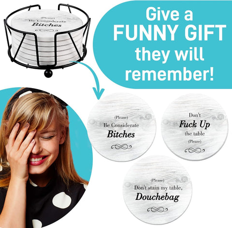 Ultimate Hostess coasters with three sayings showcase diverse vibes for guests
