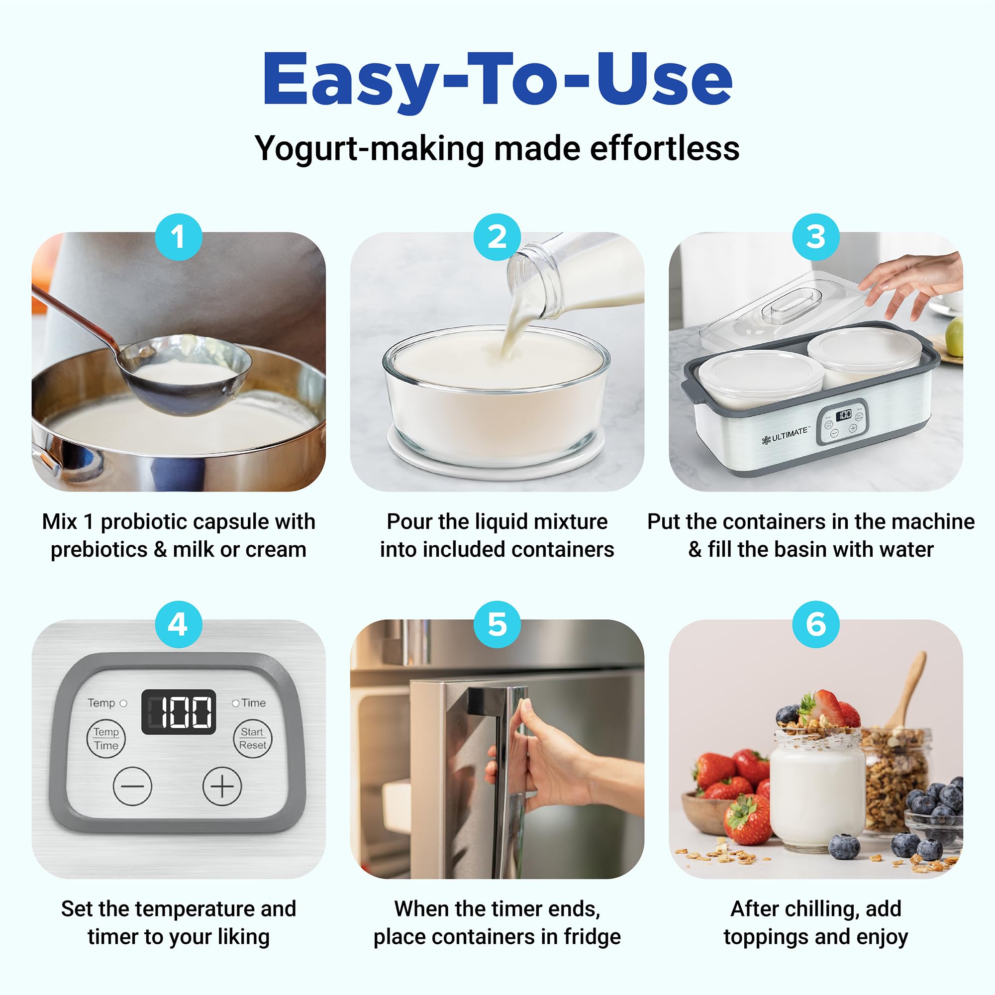 Ultimate Probiotic Yogurt Maker BPA-free containers support safe family-scale yogurt making.